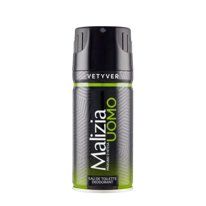 Malizia Uomo Vetyver – Déo Spray Homme 150 ml (Fraîcheur Boisée) Aérosol Malizia Uomo Vetyver noir et vert, motifs géométriques, mention Eau de Toilette Déodorant