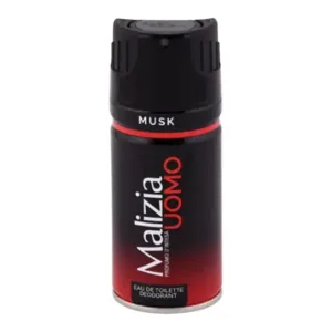 Aérosol Malizia Uomo Musk noir et rouge 150 ml, logo argenté, mention Eau de Toilette Deodorant « Profumo d’Intesa ».