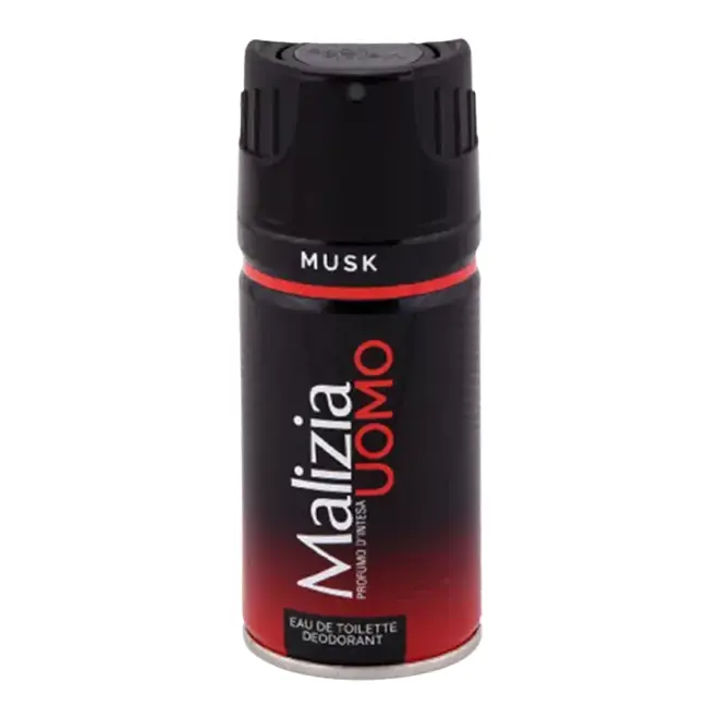 Malizia Uomo Musk 150 ml – Déodorant Spray Homme (Fraîcheur 48h) Aérosol Malizia Uomo Musk noir et rouge 150 ml, logo argenté, mention Eau de Toilette Deodorant « Profumo d’Intesa ».