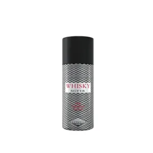 Déodorant homme spray Whisky Silver 200 ml, flacon argenté à motifs noirs, fraîcheur élégante et protection longue durée.
