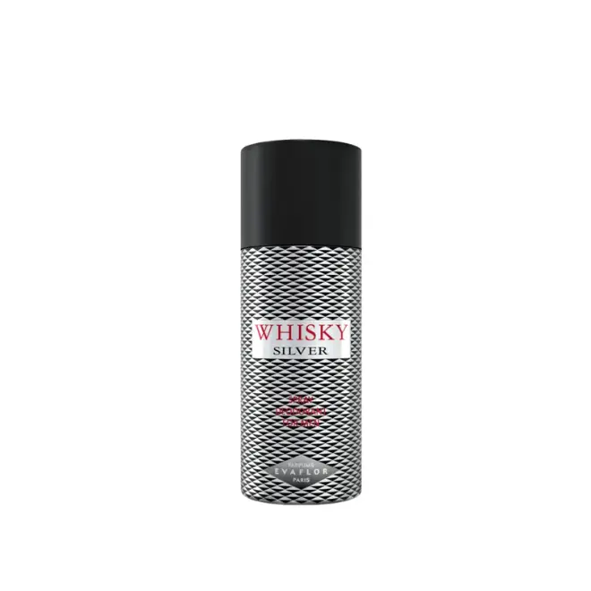 Whisky Silver Homme 200 ml (Fraîcheur & Protection 48h) Déodorant homme spray Whisky Silver 200 ml, flacon argenté à motifs noirs, fraîcheur élégante et protection longue durée.