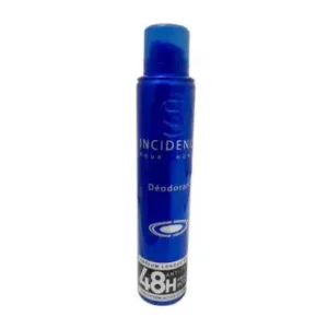 Aérosol bleu “Incidence Pour Homme Déodorant” 200 ml, promesse de fraîcheur intense 48h et protection anti‑traces.