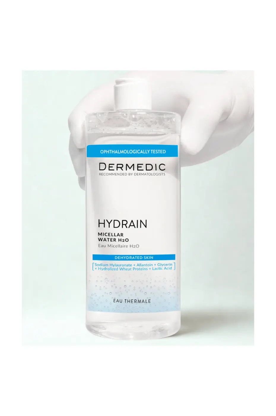 Dermedic Hydrain Hialuro (Eau Micellaire 500 ml) Bouteille transparente Dermedic Hydrain Hialuro Eau Micellaire 500 ml, bouchon blanc, liquide clair hydratant
