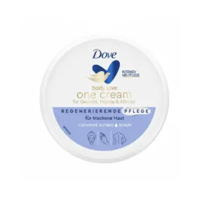 Vue de dessus d'un pot blanc de crème hydratante Dove Body Love One Cream, avec un cœur bleu foncé.