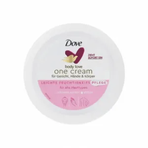 Vue de dessus d'un pot blanc de crème hydratante Dove Body Love One Cream, avec un cœur rose et or.