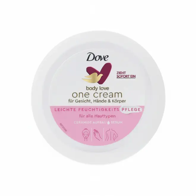 Crème Dove Body Love One Cream pour le corps (250 ml) – Hydratation légère Vue de dessus d'un pot blanc de crème hydratante Dove Body Love One Cream, avec un cœur rose et or.