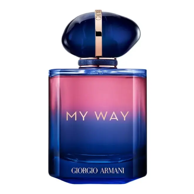 Dupe Parfum My Way (30 ml) – Le Meilleur Prix ! Bouteille de parfum, inspirée de My Way, avec un dégradé de couleurs bleu à rose et un bouchon bleu transparent.