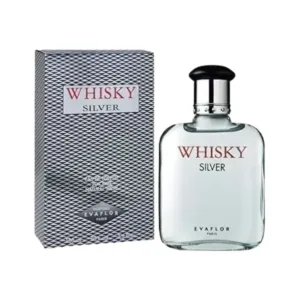Flacon transparent Whisky Silver 100 ml avec étui argenté à motifs losanges, eau de toilette homme Evaflor Paris.