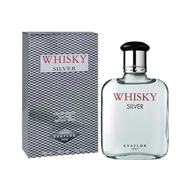 Whisky Silver Homme 100 ml (Élégance & Fraîcheur Intense) Flacon transparent Whisky Silver 100 ml avec étui argenté à motifs losanges, eau de toilette homme Evaflor Paris.
