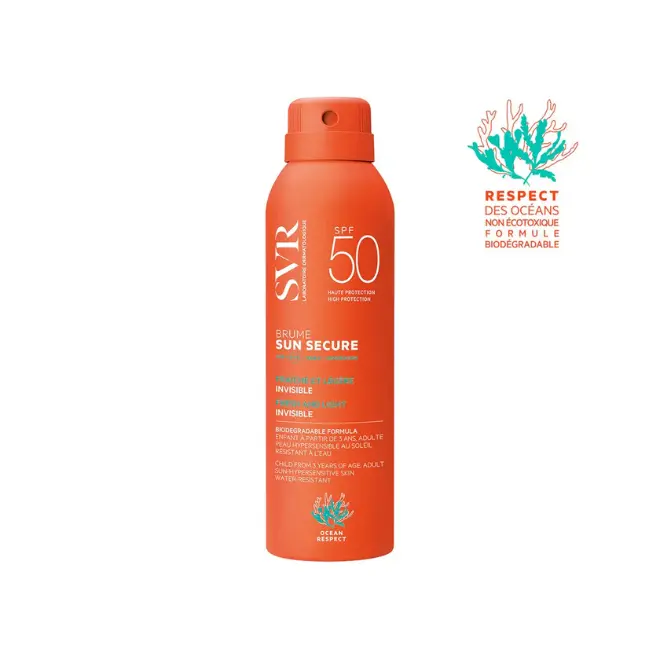 SVR Sun Secure Brume SPF50+ 200 ml (Protection 4-en-1) Bouteille orange SVR Sun Secure Brume SPF50+ 200 ml, haute protection, formule biodégradable respectueuse des océans