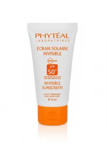 Tube blanc Écran Solaire Invisible Phytéal SPF50+ 50 ml, très haute protection UVA/UVB, haute tolérance, pour toute la famille