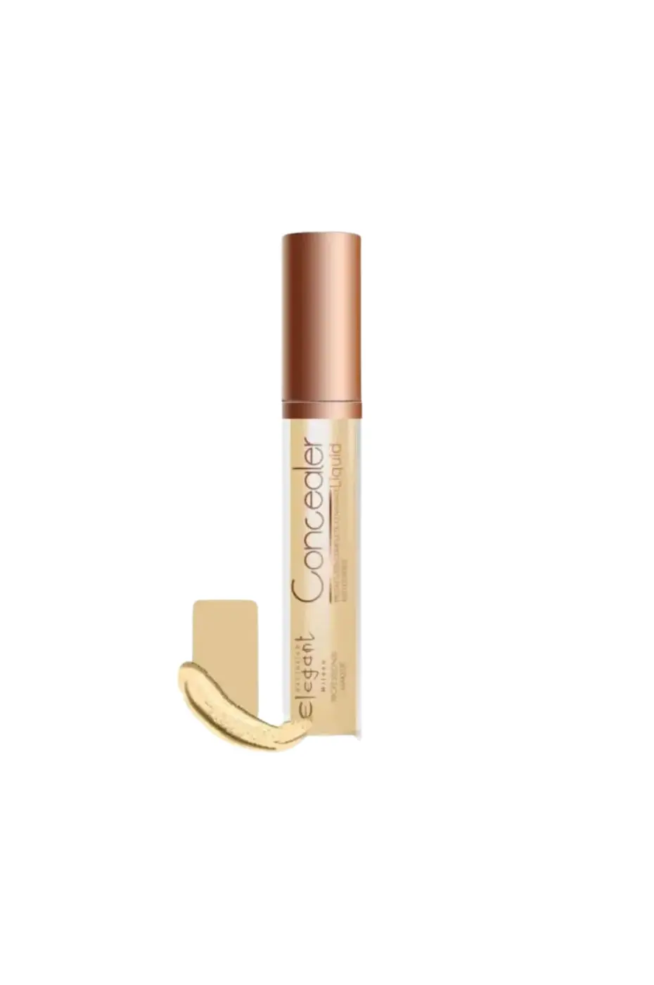 Elegant Concealer : L'Anticernes Hydratant (N°03 Toffee) Flacon d'anticernes liquide Elegant Concealer N°03 Toffee avec un échantillon de la texture onctueuse et la couleur.