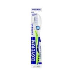Brosse à dents ELGYDIUM Whitening Soft verte et bleue, emballée, avec brins souples et logo Pierre Fabre Oral Care.