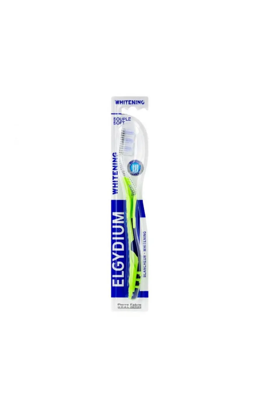 Elgydium Brosse à dents Souple Brosse à dents ELGYDIUM Whitening Soft verte et bleue, emballée, avec brins souples et logo Pierre Fabre Oral Care.