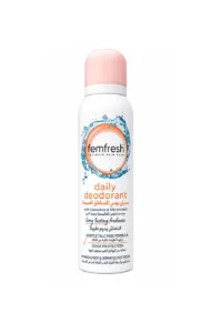 Déodorant intime Femfresh 75 g, flacon blanc à capuchon rose, calendula et soie, fraîcheur longue durée