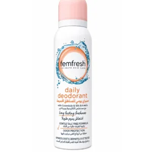 Déodorant intime Femfresh 75 g, flacon blanc à capuchon rose, calendula et soie, fraîcheur longue durée