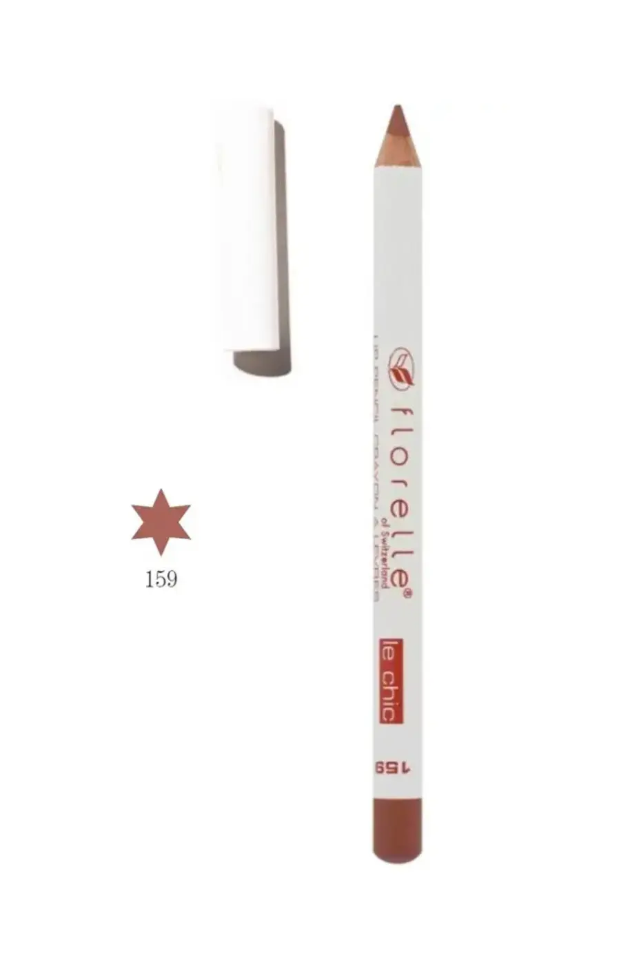 Florelle Le Chic (159) : 3 secrets pour des Lèvres Parfaitement Dessinées Un crayon à lèvres Florelle Le Chic 159 couleur nude rosé avec son capuchon blanc posé à côté et une étoile de couleur.