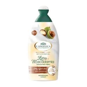 Bouteille de gel douche L'Angelica "Latte di Macadamia" avec illustration de noix de macadamia et de liquide blanc.