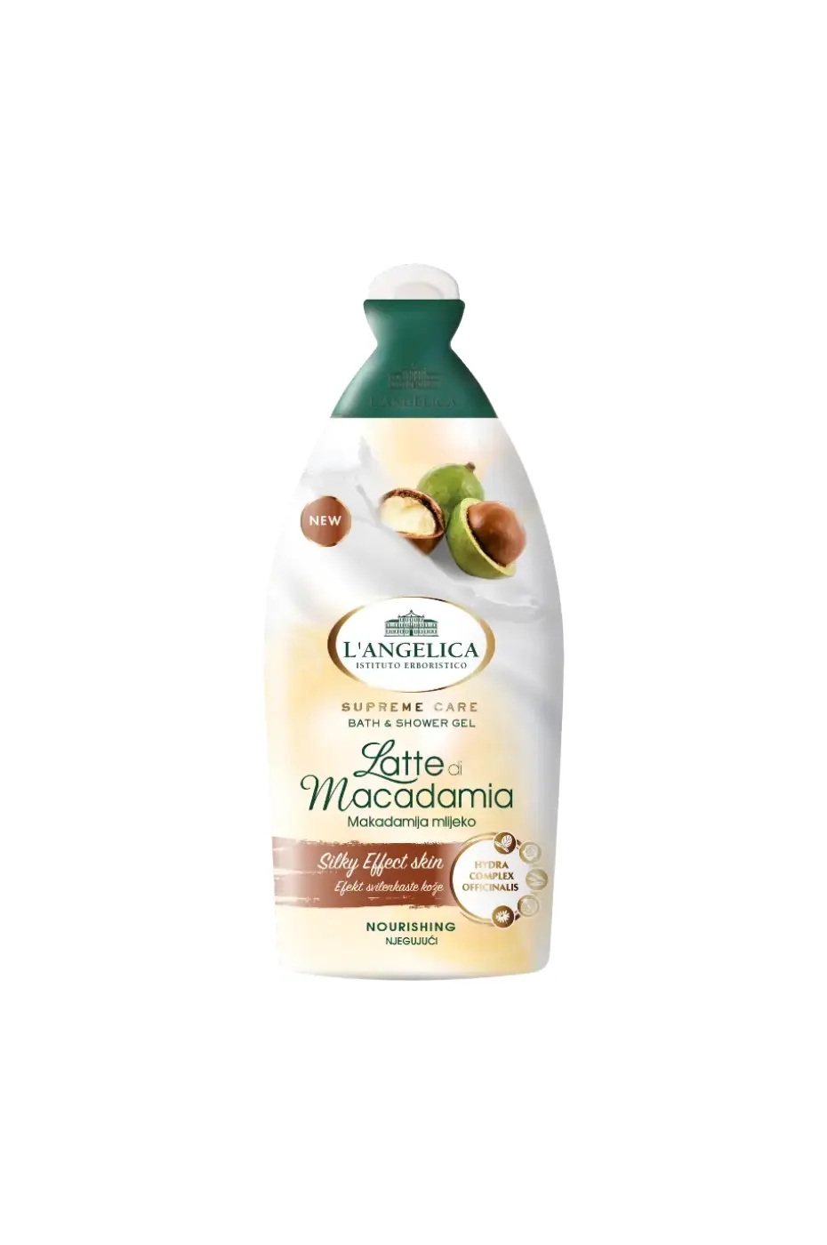 Gel Douche L'Angelica (Le Lait de Macadamia et ses 3 Bienfaits) Bouteille de gel douche L'Angelica "Latte di Macadamia" avec illustration de noix de macadamia et de liquide blanc.