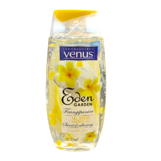 Gel Douche Venus Fleur de Cerisier (Eden Garden 270 ml) Flacon élégant de gel douche Laboratoires Venus, liquide rose, bouchon assorti, décor floral délicat, 270 ml