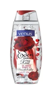 Flacon transparent gel douche Venus Rouge Rose, décor roses rouges, bouchon rouge assorti, 270 ml, étiquettes multilingues