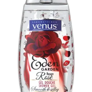 Flacon transparent gel douche Venus Rouge Rose, décor roses rouges, bouchon rouge assorti, 270 ml, étiquettes multilingues