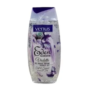 Flacon transparent gel douche Venus Violette, fleurs violettes, bouchon mauve, 270 ml, mention Soft & Sensual