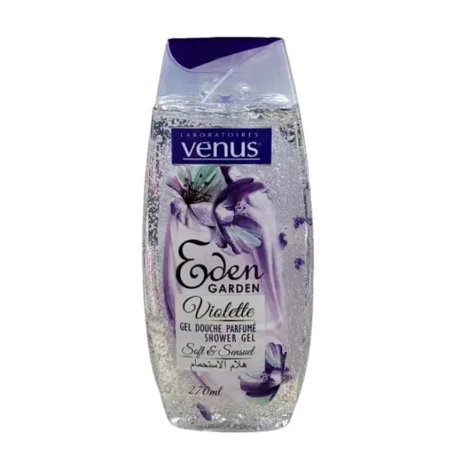 Gel Douche Venus Violette (Eden Garden 270 ml) Flacon transparent gel douche Venus Violette, fleurs violettes, bouchon mauve, 270 ml, mention Soft & Sensual