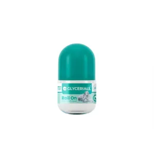 Déodorant roll-on Glyceriall 48H, capuchon turquoise, flacon transparent, pierre d’alun, protection fraîcheur longue durée