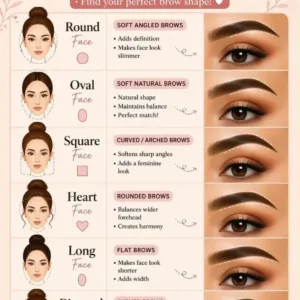 Infographie présentant différentes formes de sourcils adaptées à six formes de visages pour sublimer les traits.