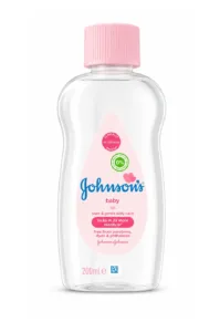 Bouteille transparente d’huile bébé Johnson’s 200 ml avec bouchon rose et étiquette bilingue, promesse hydratation ×10