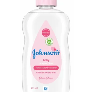 Bouteille transparente d'huile pour bébé Johnson's avec étiquette rose, indiquant "baby oil" et "300ml".