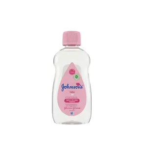 Bouteille transparente d’huile bébé Johnson’s 200 ml avec bouchon rose et étiquette bilingue, promesse hydratation ×10