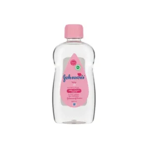 Bouteille transparente d'huile pour bébé Johnson's avec étiquette rose, indiquant "baby oil" et "300ml".