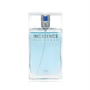 Flacon de parfum Incidence pour Homme bleu translucide au design épuré et moderne, posé sur un fond blanc lumineux.