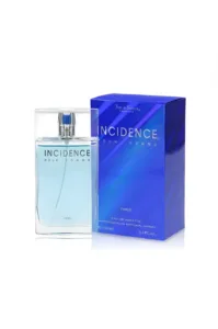 Flacon bleu transparent et boîte de l'eau de toilette Incidence pour Homme par Cyrus Paris, format 100ml.