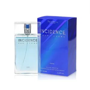 Flacon bleu transparent et boîte de l'eau de toilette Incidence pour Homme par Cyrus Paris, format 100ml.