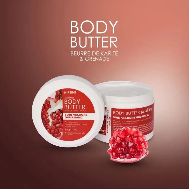 Le Secret d'une Peau Parfaite: 250ml de Beurre Corporel à la Grenade (Édition Limitée) Un pot de crème pour le corps K-Reine au centre avec des graines de grenade autour.