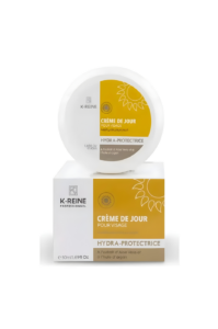 Pot et boîte de crème de jour K-Reine Hydra-Protectrice pour visage, 50ml. Design blanc et jaune avec soleil stylisé.