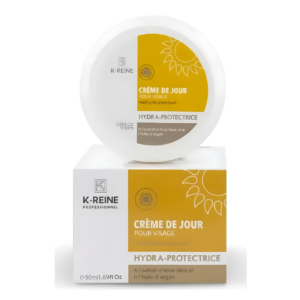 Pot et boîte de crème de jour K-Reine Hydra-Protectrice pour visage, 50ml. Design blanc et jaune avec soleil stylisé.