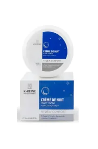 Crème de nuit K‑Reine Hydra‑Confort 50 ml, pot bleu et blanc avec lune et étoiles, enrichie en argan, karité et vitamine E.