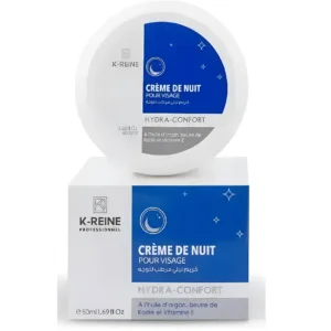 Crème de nuit K‑Reine Hydra‑Confort 50 ml, pot bleu et blanc avec lune et étoiles, enrichie en argan, karité et vitamine E.