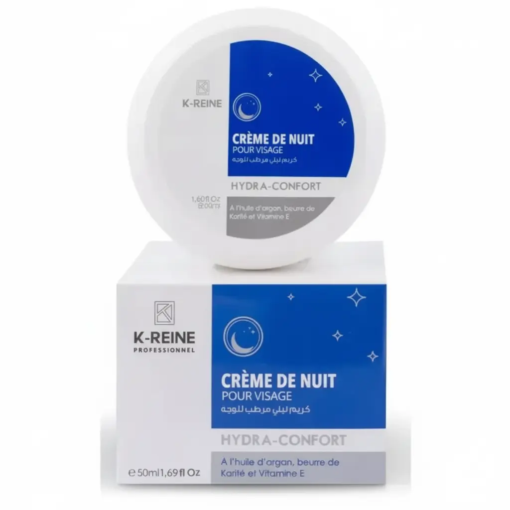 K‑Reine Crème de Nuit Hydra‑Confort 50 ml Crème de nuit K‑Reine Hydra‑Confort 50 ml, pot bleu et blanc avec lune et étoiles, enrichie en argan, karité et vitamine E.