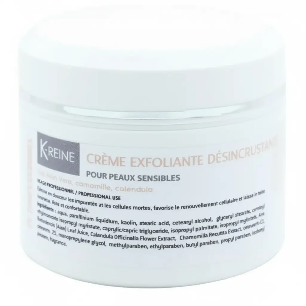 K‑Reine Crème Exfoliante Visage 150 ml (Peaux Sensibles) Pot blanc K‑Reine crème exfoliante visage peaux sensibles 150 ml avec aloe vera, camomille et calendula