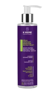 Bouteille violette K‑Reine 200 ml avec pompe argentée, sérum hydratant réparateur à la kératine, argan et vitamine E
