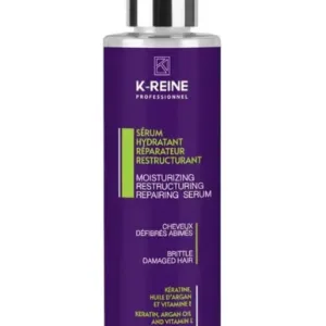Bouteille violette K‑Reine 200 ml avec pompe argentée, sérum hydratant réparateur à la kératine, argan et vitamine E