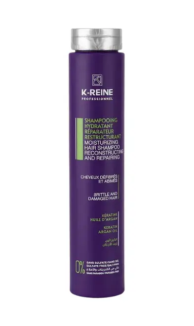 K‑Reine Shampooing 270 ml (Hydratant & Réparateur Sans Sulfate) Bouteille violette K‑Reine 270 ml, shampooing hydratant réparateur restructurant à la kératine et huile d’argan