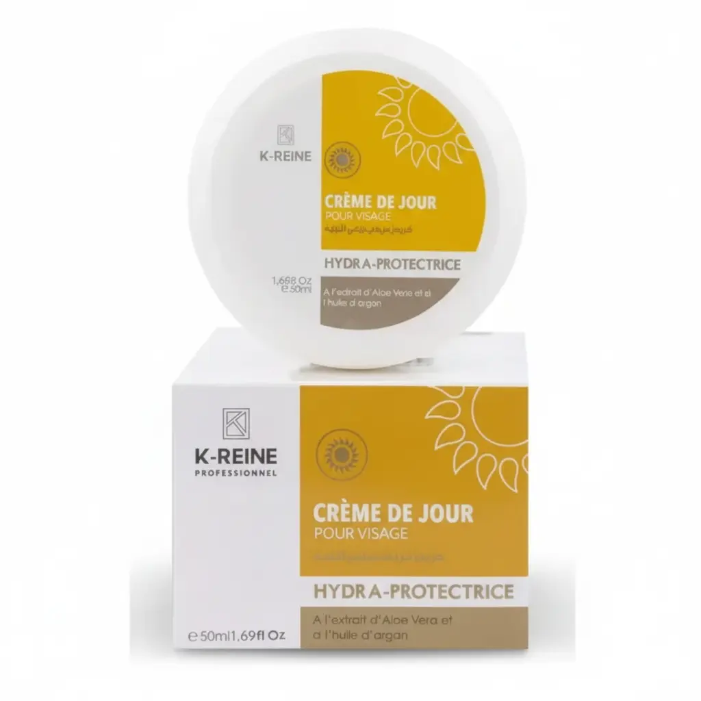 kreine-creme-de-jour-pour-visage-hydraprotectrice-50-ml Pot et boîte de crème de jour K-Reine Hydra-Protectrice pour visage, 50ml. Design blanc et jaune avec soleil stylisé.