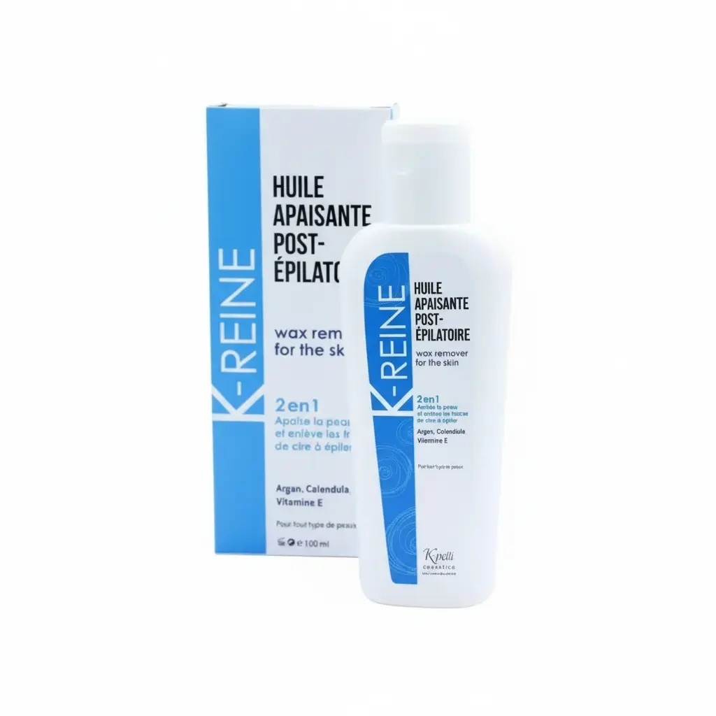 K‑Reine Huile Post‑Épilatoire 2 en 1 (100 ml) – Argan & Soin Doux Flacon et étui K‑Reine Huile Apaisante Post‑Épilatoire 2 en 1 à l’argan, calendula et vitamine E – 100 ml