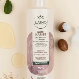 Flacon Laino Lait de Corps Karité 400 ml avec ingrédients naturels : noix de karité, feuilles vertes et lait fluide